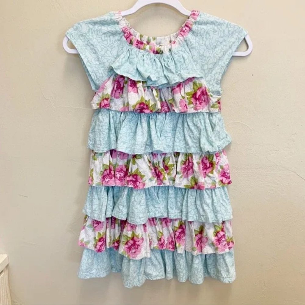 Little Girls Floral Ruffle Tiered Cotton Tee Shirt Dress‎ Blue Pink